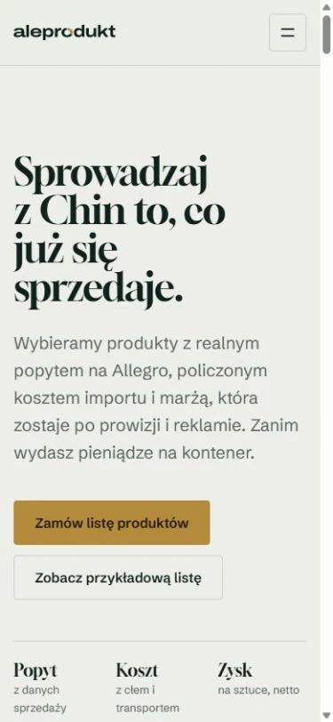 aleprodukt — rzeczywisty widok strony na telefonie