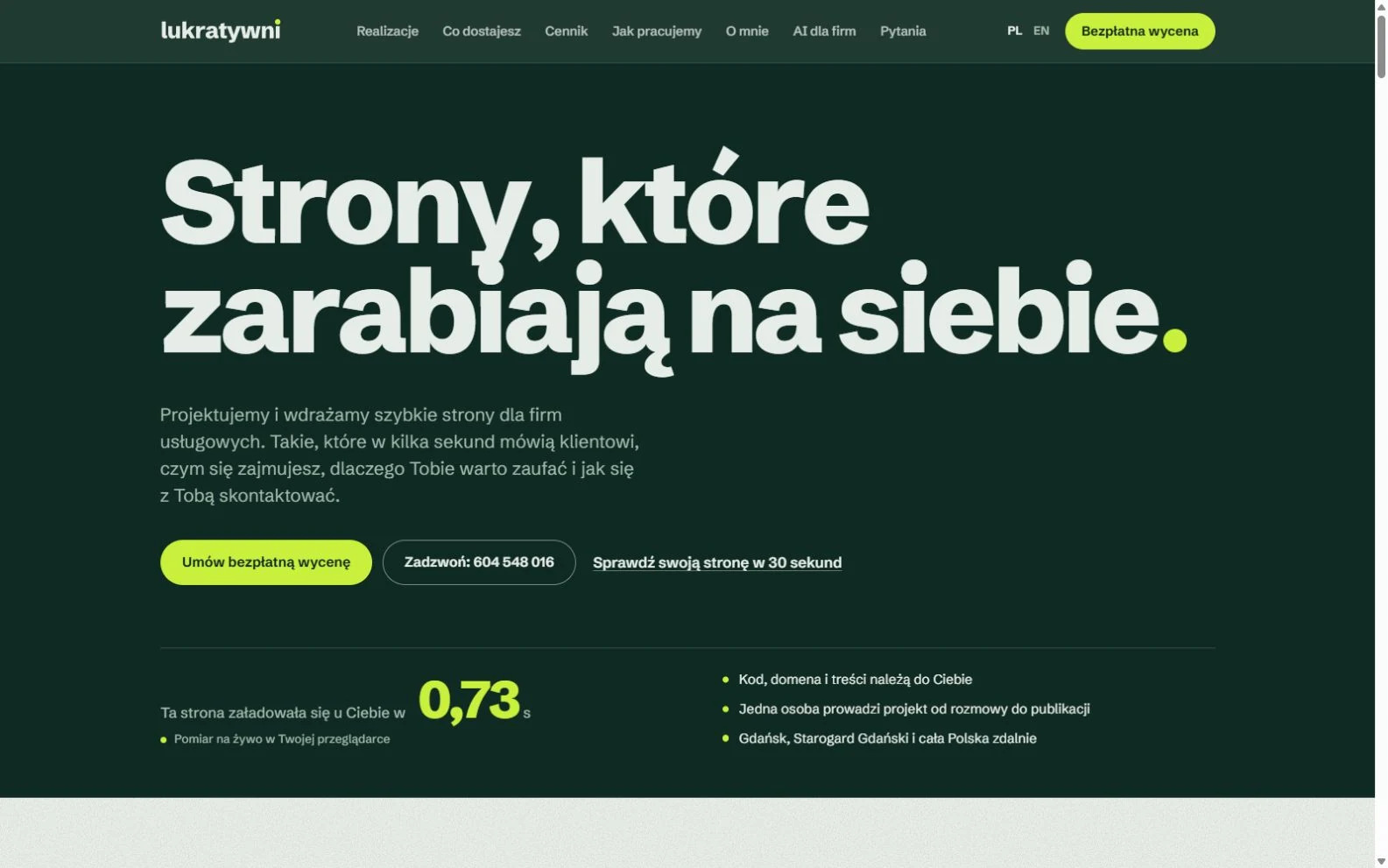 Lukratywni — rzeczywisty widok strony na komputerze