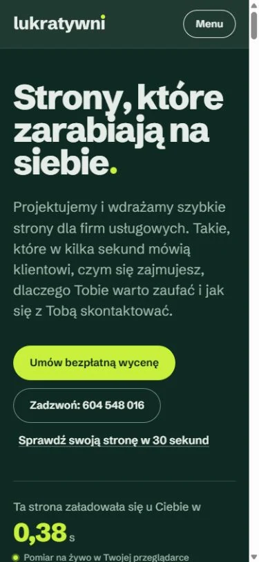 Lukratywni — rzeczywisty widok strony na telefonie