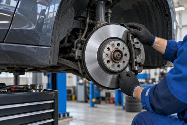 Koncepcyjne zdjęcie mechanika przy układzie hamulcowym